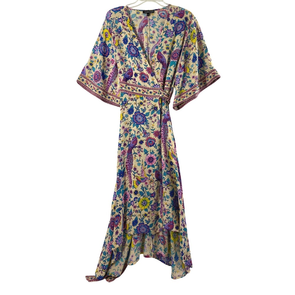 Fashion‎ Fuse Wrap Dress Women L Floral Peacock  High Low Boho Summer Festival